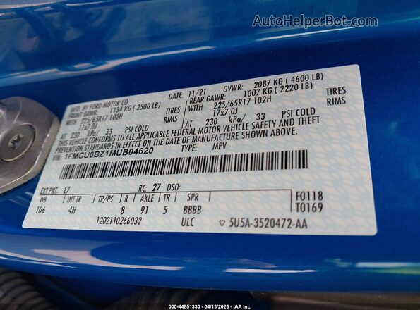 1FMCU0BZ1MUB04620 2021 FORD ESCAPE Blue Widok komory silnika