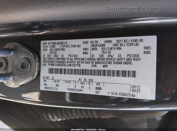 1FMCU0DZ5LUB12778 2020 FORD ESCAPE Gray Շարժիչի բաժամունքի տեսք