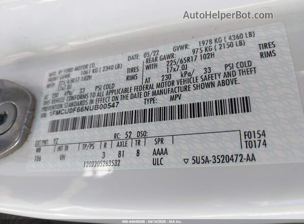 1FMCU0F66NUB00547 2022 FORD ESCAPE White ძრავის განყოფილების ხედი