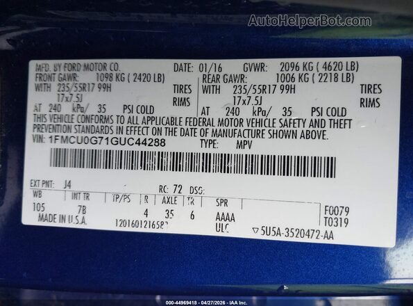 1FMCU0G71GUC44288 2016 FORD ESCAPE Blue ძრავის განყოფილების ხედი