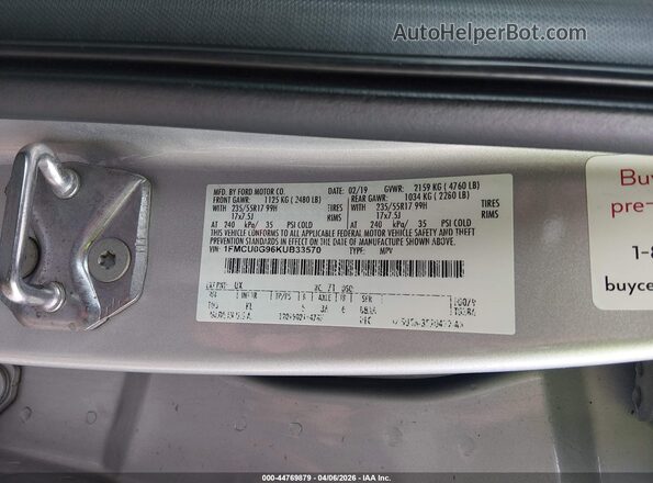 1FMCU0G96KUB33570 2019 FORD ESCAPE Gray 
