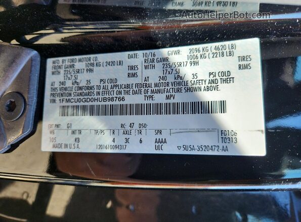 1FMCU0GD0HUB98766 2017 FORD ESCAPE Black Widok naklejki z numerem VIN