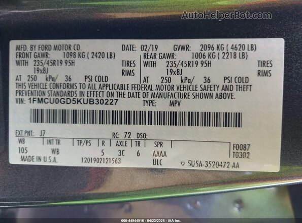 1FMCU0GD5KUB30227 2019 FORD ESCAPE Серый Вид подкапотного пространства