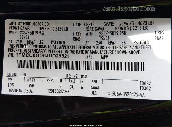 1FMCU0GD6JUD29821 2018 FORD ESCAPE Black ძრავის განყოფილების ხედი