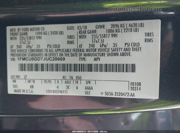 1FMCU0GD7JUC20669 2018 FORD ESCAPE Gray 