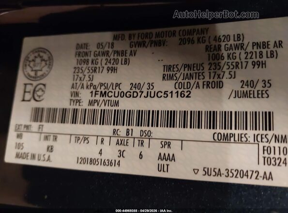 1FMCU0GD7JUC51162 2018 FORD ESCAPE Blue 
