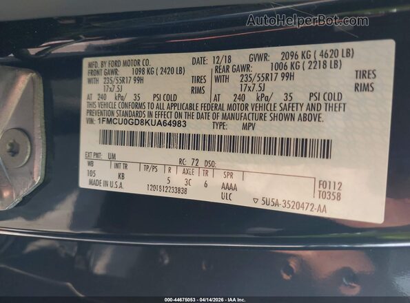 1FMCU0GD8KUA64983 2019 FORD ESCAPE Black Widok komory silnika