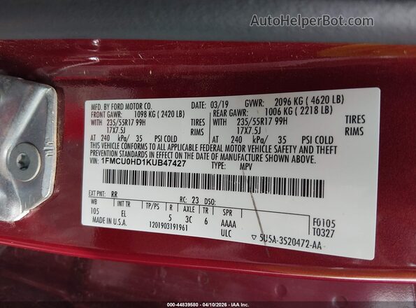 1FMCU0HD1KUB47427 2019 FORD ESCAPE Красный Вид подкапотного пространства