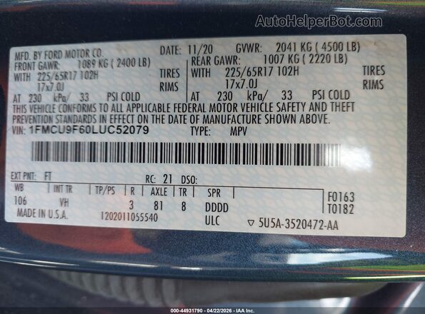 1FMCU9F60LUC52079 2020 FORD ESCAPE Black Widok komory silnika