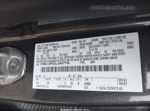 1FMCU9F62LUA07736 2020 FORD ESCAPE Gray ძრავის განყოფილების ხედი