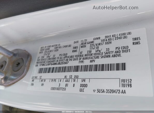 1FMCU9F64MUB25367 2021 FORD ESCAPE White Շարժիչի բաժամունքի տեսք