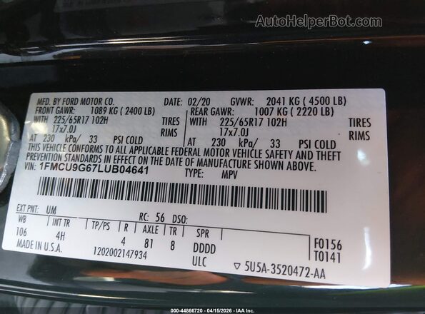 1FMCU9G67LUB04641 2020 FORD ESCAPE Black Widok komory silnika