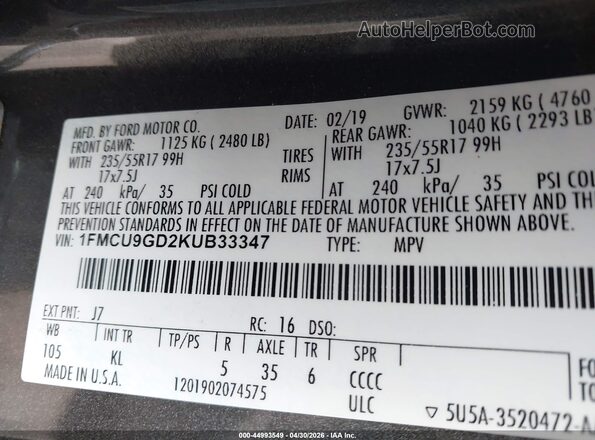 1FMCU9GD2KUB33347 2019 FORD ESCAPE Silver Widok komory silnika