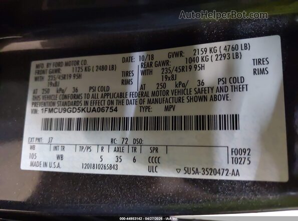 1FMCU9GD5KUA06754 2019 FORD ESCAPE Gray 