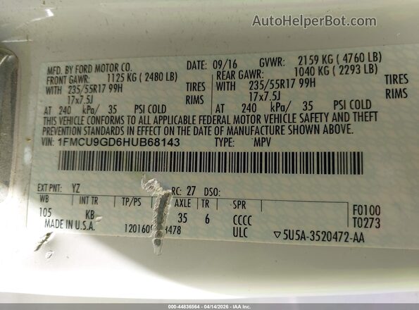1FMCU9GD6HUB68143 2017 FORD ESCAPE Белый Вид подкапотного пространства