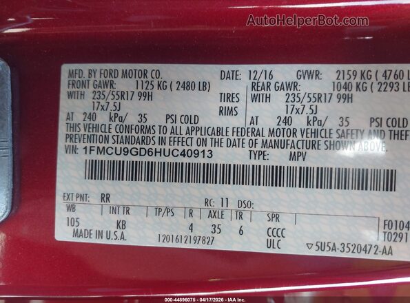 1FMCU9GD6HUC40913 2017 FORD ESCAPE Red Vista del compartimento del motor