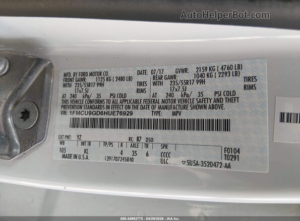 1FMCU9GD6HUE76929 2017 FORD ESCAPE White ძრავის განყოფილების ხედი