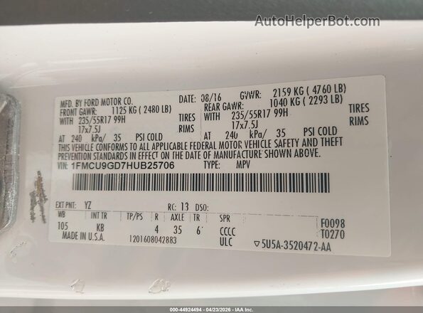 1FMCU9GD7HUB25706 2017 FORD ESCAPE White Вид підкапотного простору