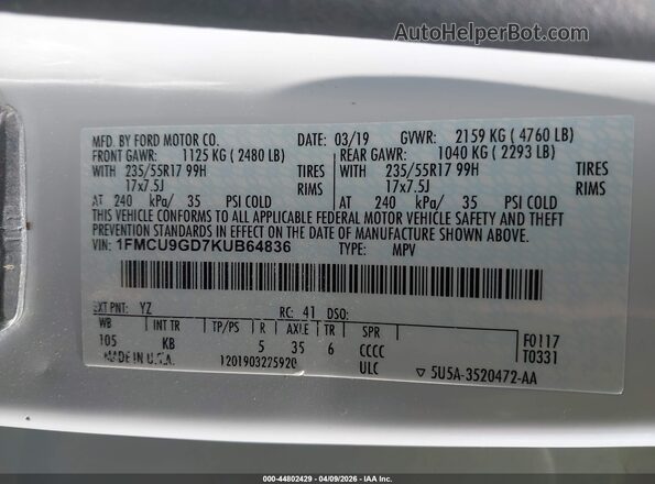 1FMCU9GD7KUB64836 2019 FORD ESCAPE White Вид підкапотного простору