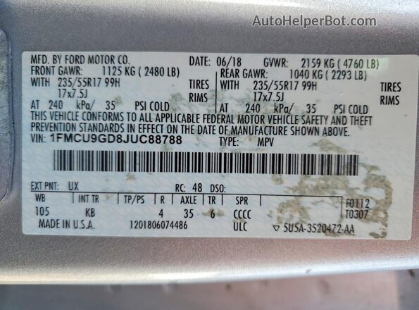1FMCU9GD8JUC88788 2018 FORD ESCAPE Silver Widok naklejki z numerem VIN