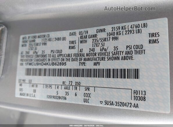 1FMCU9HD4KUB62895 2019 FORD ESCAPE Silver Vista del compartimento del motor