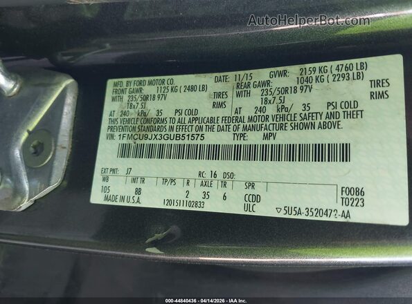 1FMCU9JX3GUB51575 2016 FORD ESCAPE Gray Вид підкапотного простору