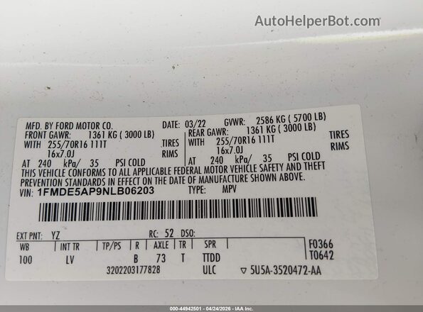 1FMDE5AP9NLB06203 2022 FORD BRONCO White Engine compartment view