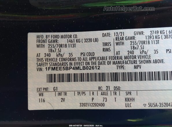 1FMEE5BP4MLB02612 2021 FORD BRONCO Black Շարժիչի բաժամունքի տեսք
