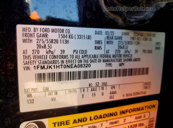 1FMJK1HT0NEA08320 2022 FORD EXPEDITION Черный Вид наклейки с VIN-кодом