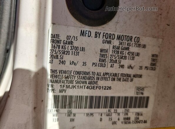 1FMJK1HT4GEF01226 2016 FORD EXPEDITION White Widok wnętrza 360 stopni