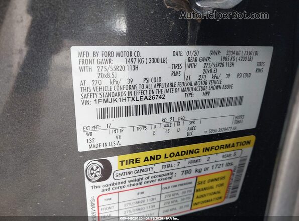 1FMJK1HTXLEA26742 2020 FORD EXPEDITION Gray Widok komory silnika