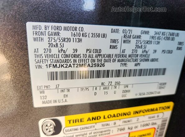 1FMJK2AT2MEA25926 2021 FORD EXPEDITION Charcoal VIN sticker view