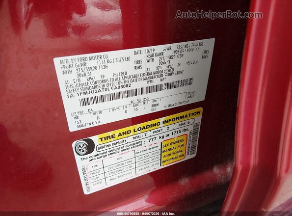 1FMJU2AT0LEA08082 2020 FORD EXPEDITION Red ძრავის განყოფილების ხედი