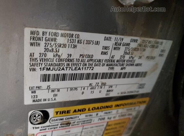 1FMJU2AT7LEA11772 2020 FORD EXPEDITION Silver VIN sticker view