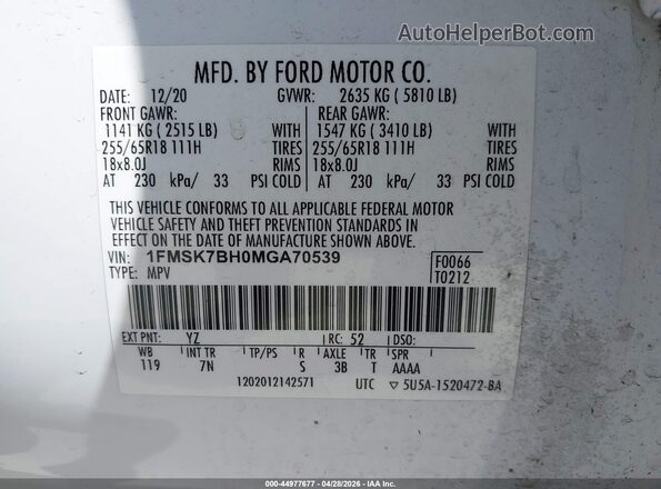 1FMSK7BH0MGA70539 2021 FORD FORD EXPLORER White Vista del compartimento del motor
