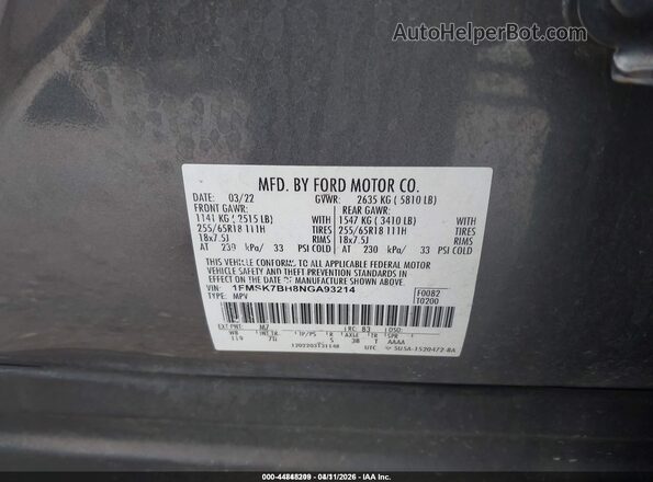 1FMSK7BH8NGA93214 2022 FORD FORD EXPLORER Gray Vista del compartimento del motor
