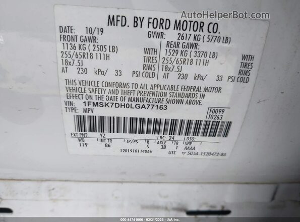 1FMSK7DH0LGA77163 2020 FORD FORD EXPLORER White Widok komory silnika
