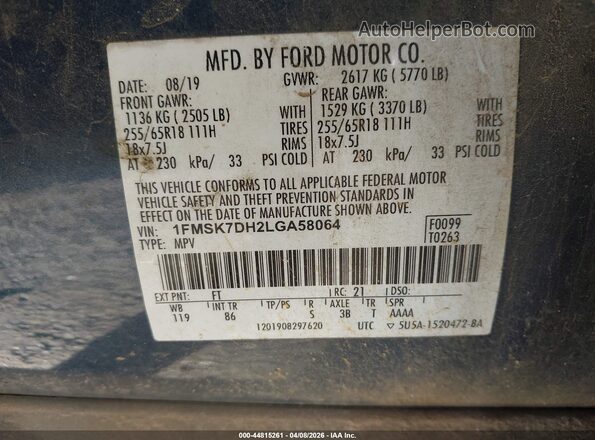 1FMSK7DH2LGA58064 2020 FORD FORD EXPLORER Blue Vista del compartimento del motor