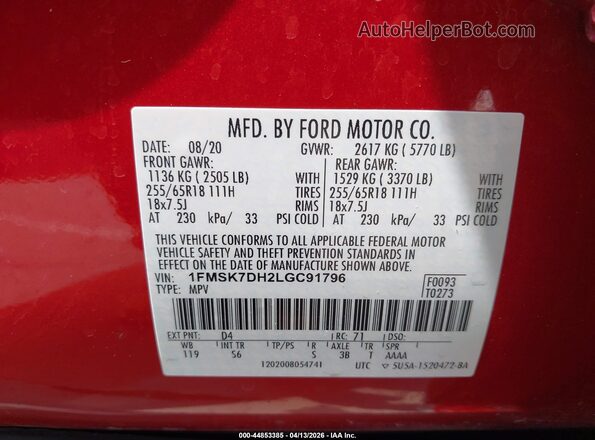 1FMSK7DH2LGC91796 2020 FORD FORD EXPLORER Red Вид підкапотного простору
