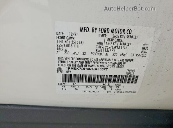 1FMSK7DH4NGA35677 2022 FORD FORD EXPLORER Белый Вид наклейки с VIN-кодом