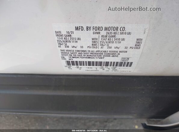 1FMSK7DH5MGC17497 2021 FORD FORD EXPLORER White Widok komory silnika