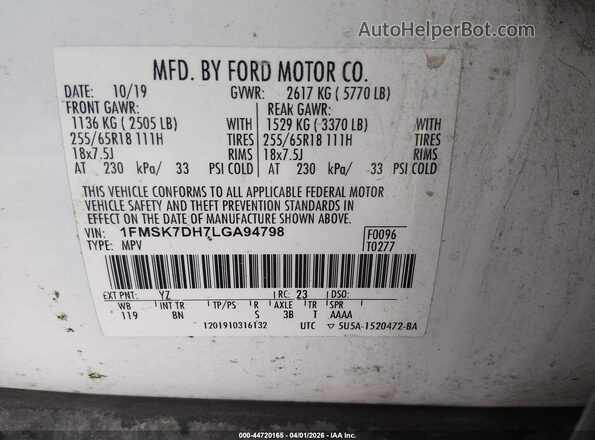 1FMSK7DH7LGA94798 2020 FORD FORD EXPLORER White Engine compartment view