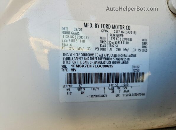 1FMSK7DH7LGC00635 2020 FORD FORD EXPLORER White VIN sticker view