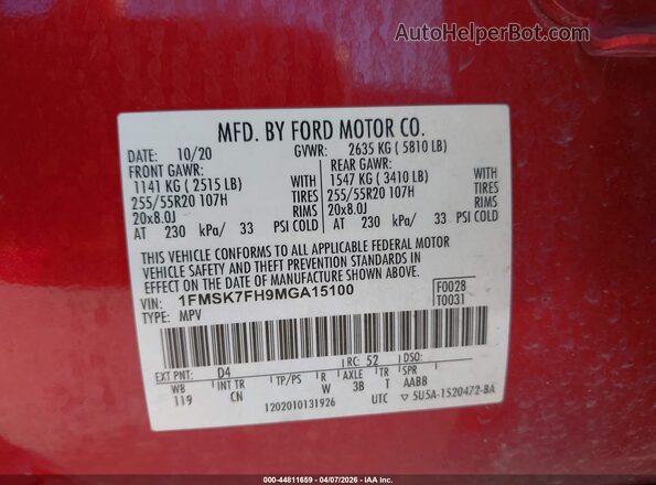 1FMSK7FH9MGA15100 2021 FORD FORD EXPLORER Красный Вид подкапотного пространства