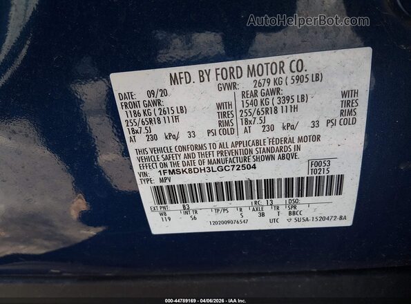 1FMSK8DH3LGC72504 2020 FORD FORD EXPLORER Blue Շարժիչի բաժամունքի տեսք