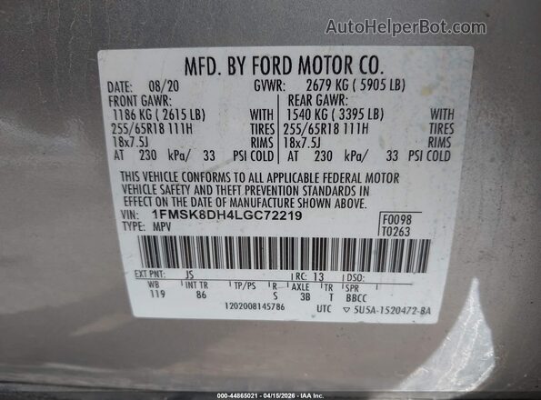 1FMSK8DH4LGC72219 2020 FORD FORD EXPLORER Silver Вид підкапотного простору