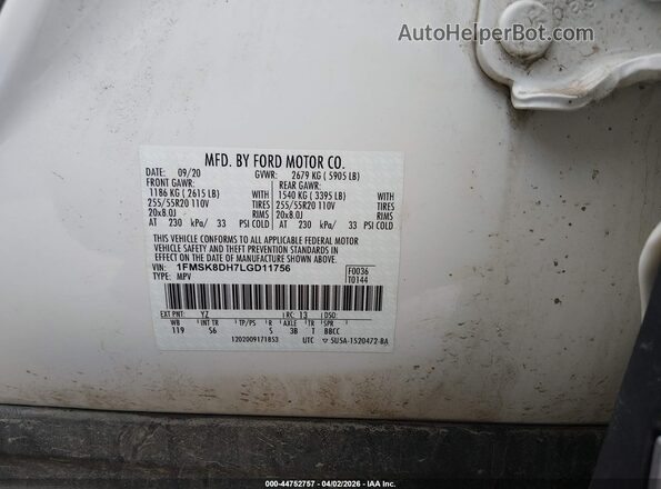 1FMSK8DH7LGD11756 2020 FORD FORD EXPLORER White Vista del compartimento del motor