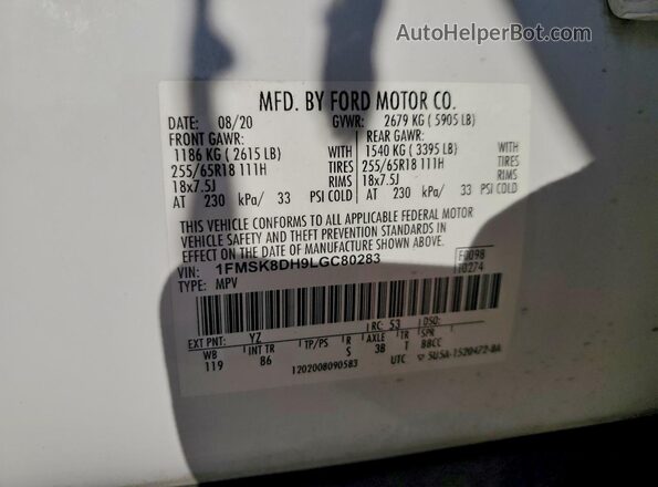 1FMSK8DH9LGC80283 2020 FORD FORD EXPLORER White VIN sticker view