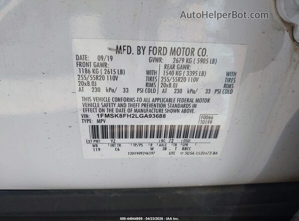 1FMSK8FH2LGA93688 2020 FORD FORD EXPLORER White 