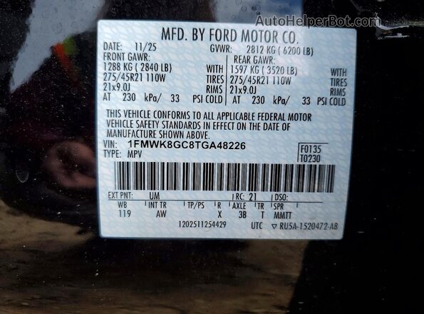 1FMWK8GC8TGA48226 2026 FORD FORD EXPLORER Black Vista de la etiqueta del VIN